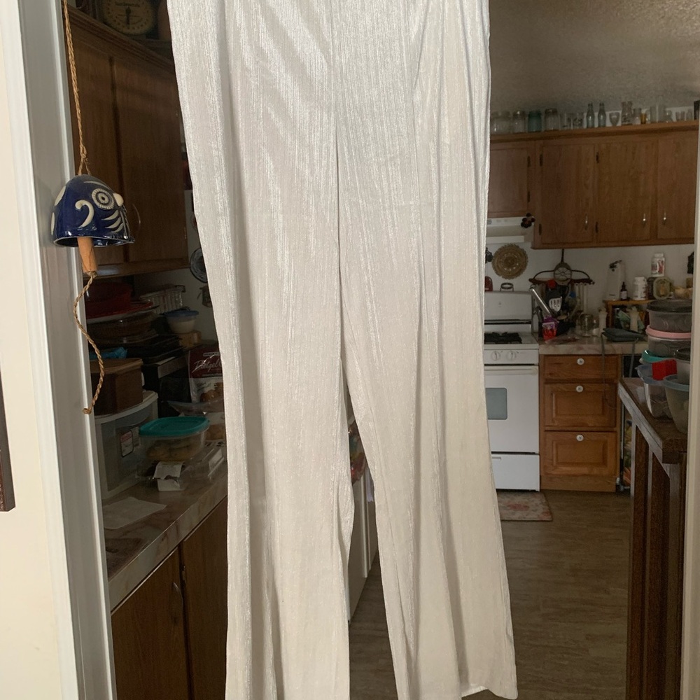 LuLaRoe Adele Luxe Light Cream Wide-Leg Pants w/Silver Threads L